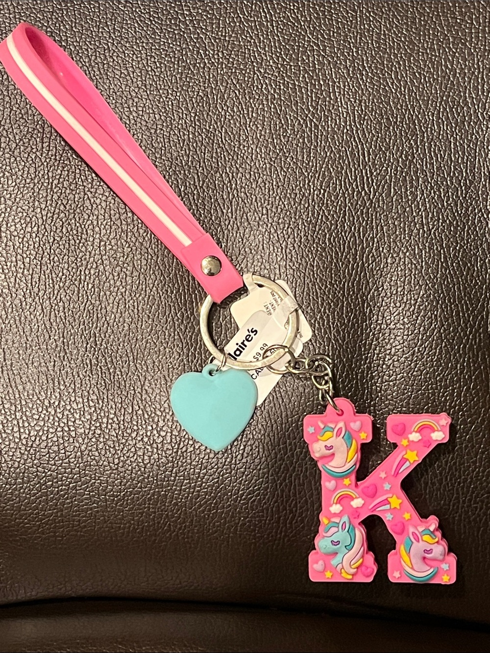Claire's Pink Unicorn 'K' Key & Heart Charm Keychain and bag charm NWT